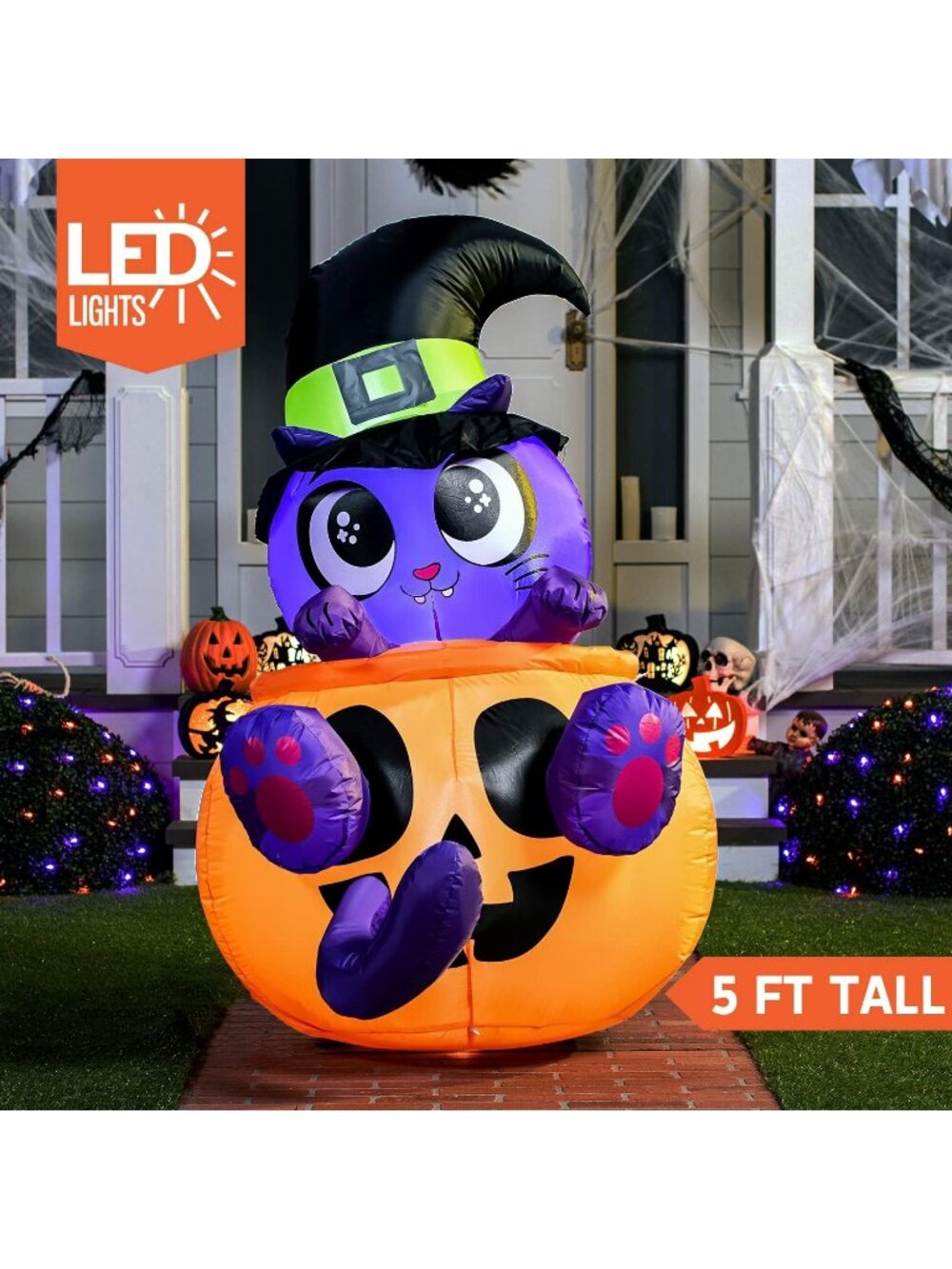 🎃5 FT Tall Halloween Inflatable Cute Witch's Cat in Pumpkin with Build-in LEDs